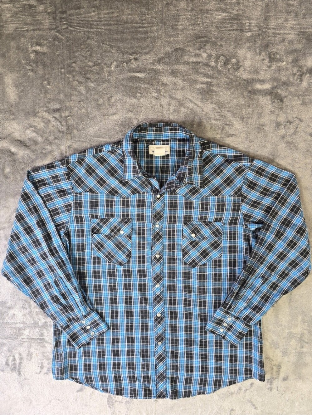 Vintage Wrangler Wrancher Pearl Snap Plaid Button Up Shirt Size XL Blue